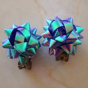Iridescent Purple Party Bow Handmade Clip On Novelty Unique Statement Earrings
